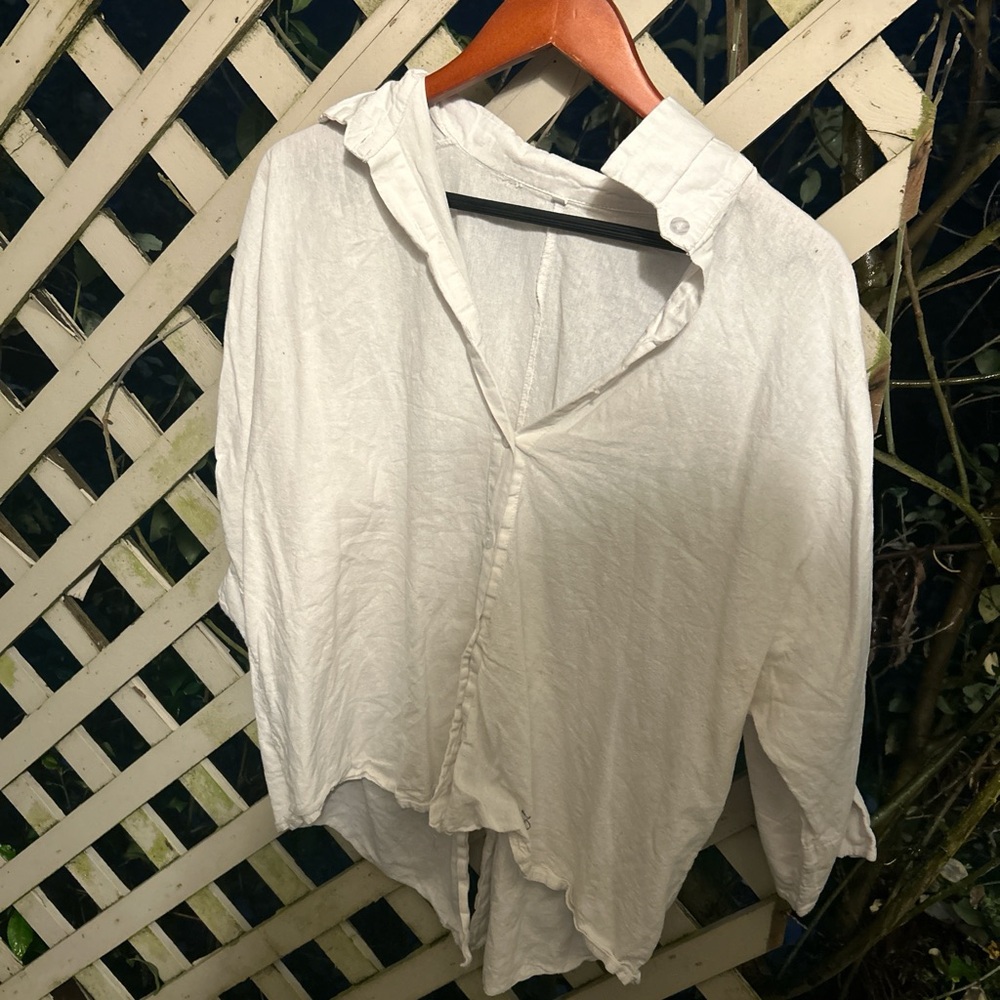 🤍 Oversized White Linen Blend Button Down Shirt Blouse XL - Split Back Grommets